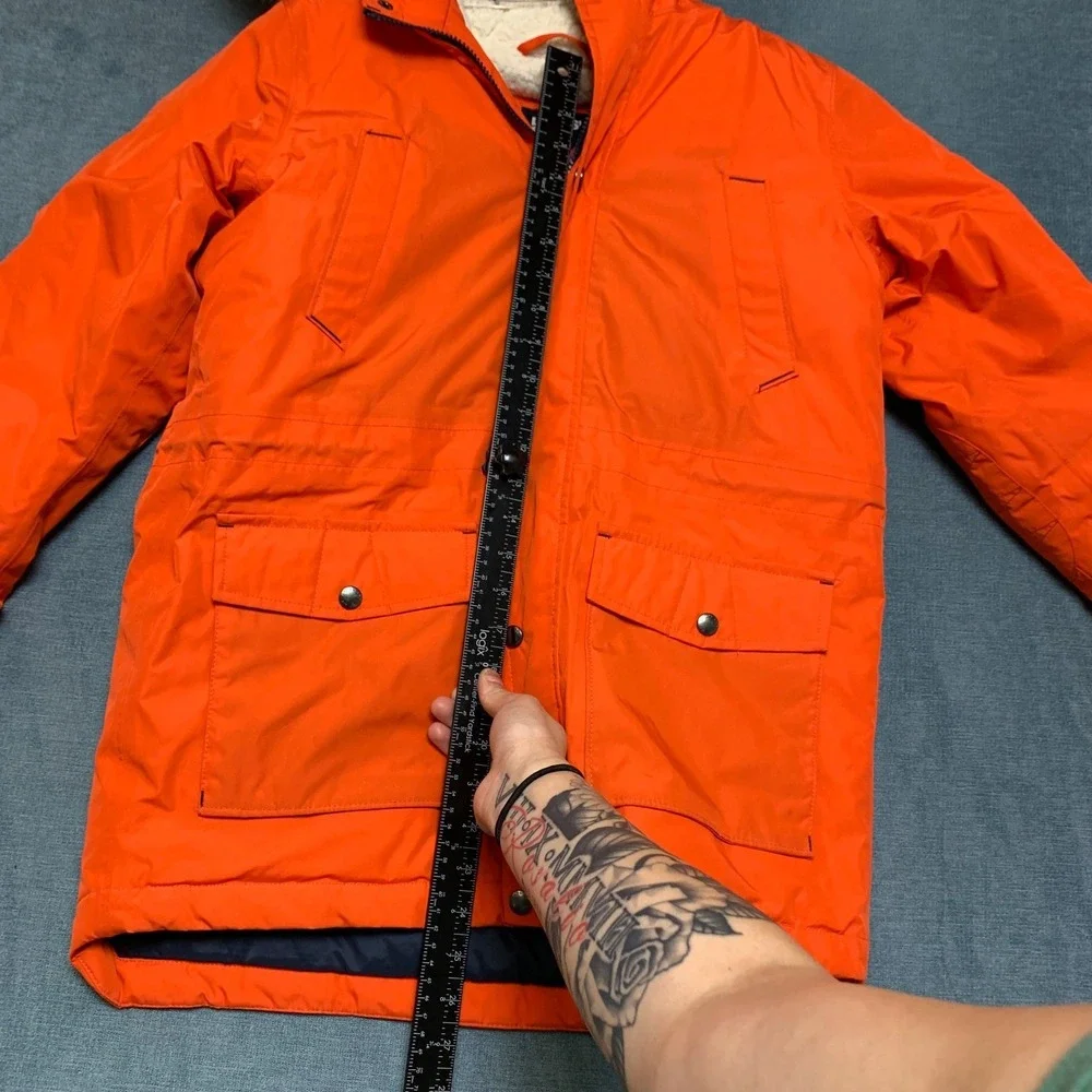 Lands' End Parka Jacket Kids L Orange Sherpa Lined Hooded Snap Full Zip Utility